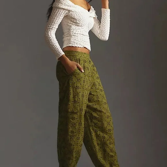 Anthropologie Women’s Eyelet Cargo Jogger Pants Army Green Cotton Pocket Size SP - Picture 6 of 10